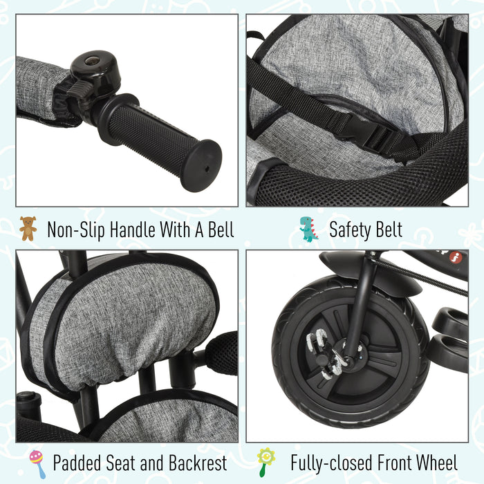 2-in-1 Toddler Bike and Tricycle Stroller with Push Handle - Detachable Guardrail, Storage Bag, and Convertible Push Along Design for Kids - Grey Cloth Tricycle for Easy Parent Steering and Child Comfort