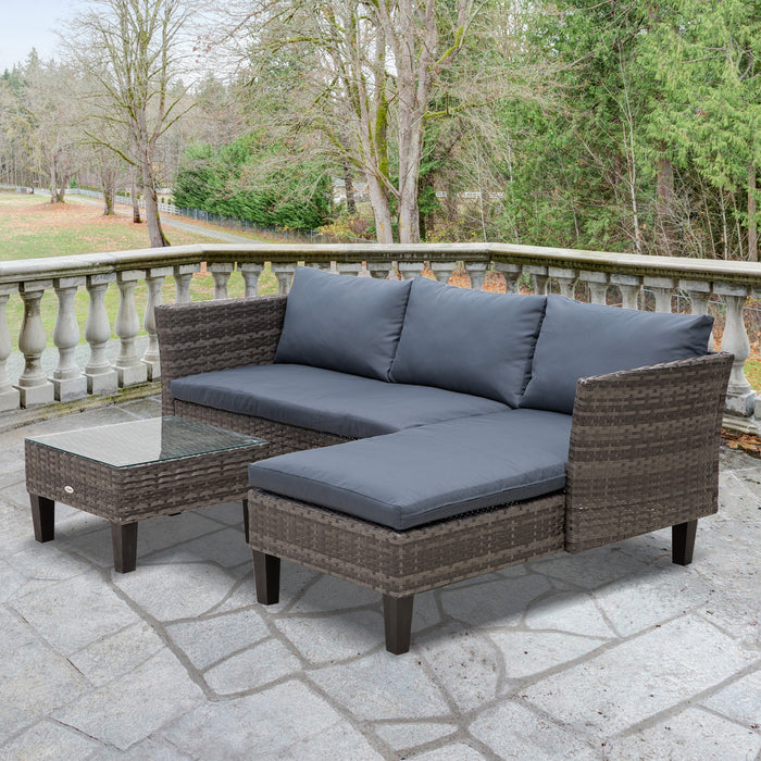 Outdoor L-Shaped Corner Lounge Set - 4-Seater PE Rattan Sofa with Thick Grey Cushions and Square Glass Top Coffee Table - Solid Metal Frame for Patio and Garden Comfort