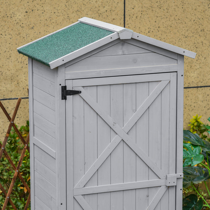 3-Tier Wooden Garden Cabinet - Outdoor Storage Shed with 2 Shelves and Lockable Doors, Hooks, Foot Pad - Light Grey Organizer for Tools and Equipment