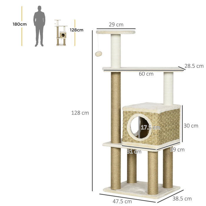 Cat Tower Activity Center - Sturdy Jute Scratching Post, Cozy Condo & Playful Hanging Ball Toy - Ideal for Indoor Cats and Kittens Entertainment