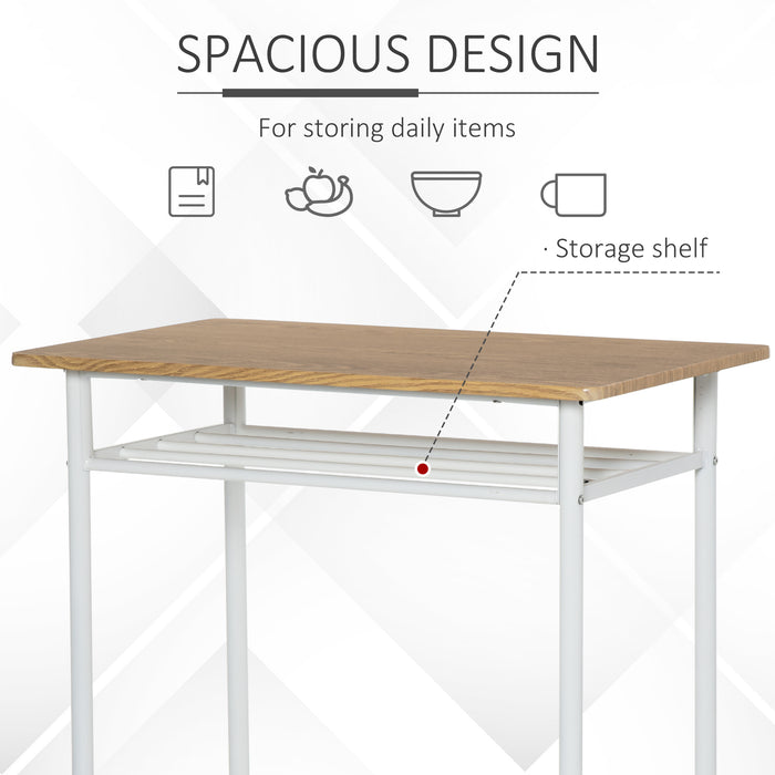 Modern Bar Table Set with 2 Stools - White & Oak Finish, Metal Frame Footrest & Storage Shelf - Ideal for Kitchen, Dining, Pub, or Café Spaces