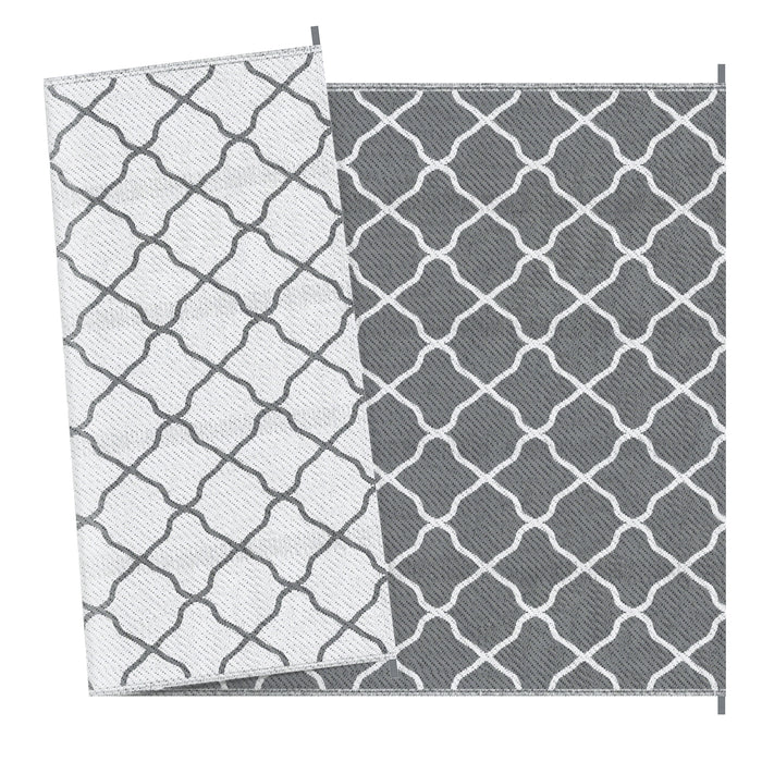 Reversible Outdoor Rug with Accessories - Waterproof Plastic Straw Mat, Carry Bag & Ground Stakes for Backyard, Deck, RV, Picnic, Camping - Ideal for Outdoor Activities & Travel in Grey & White