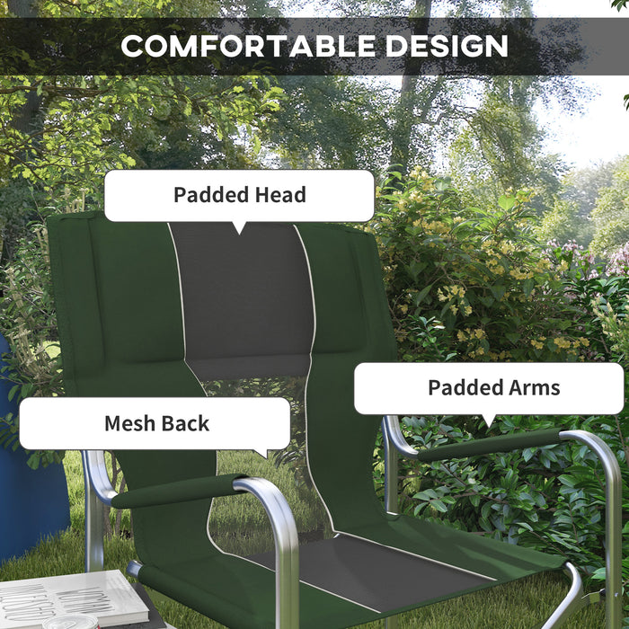 Aluminium Directors Chair with Features - Folding Camping Chair with Side Table, Cup Holder, Cooler Bag, Pocket - Portable Outdoor Seating Solution for Adults, Green