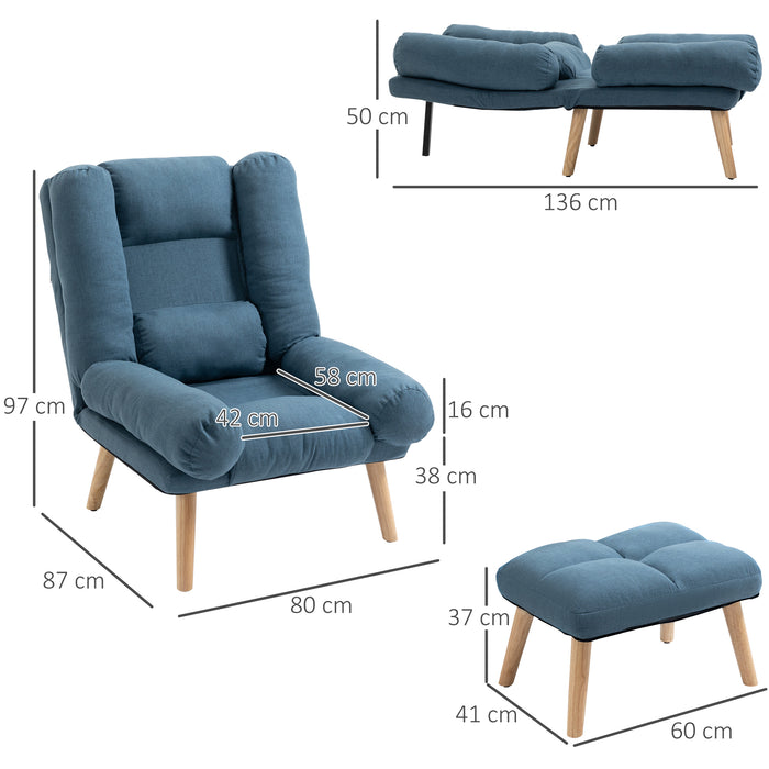 Adjustable Blue Linen Recliner with Ottoman - 3-Position, Cushioned Lounger and Footstool Combo - Comfortable Reading and Relaxation Chair for Living Room