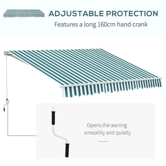 3M x 2.5M Manual Retractable Awning - Garden Patio Sun Shade Shelter with Winding Handle, Green/White - Ideal for Outdoor Relaxation and Protection