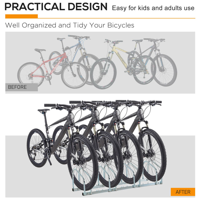 Bike Floor Rack for 4 Bicycles - Sturdy Silver Metal Construction - Space-Saving Storage Solution for Cyclists