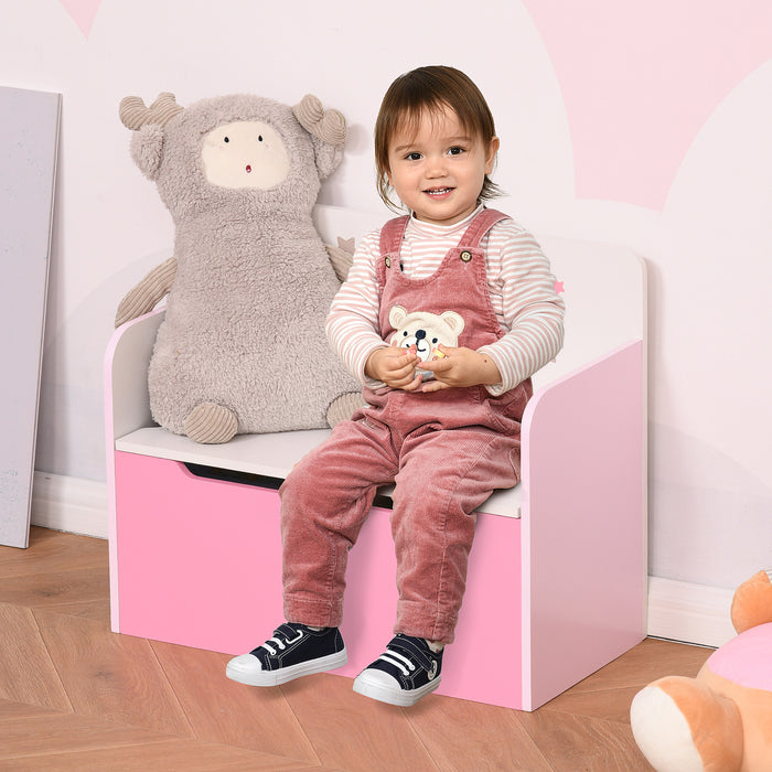 2-in-1 Wooden Toy Chest and Chair for Kids - Safety Hinge Lid with Gas Stay Bar, 60x30x50cm, Pink - Space-Saving Solution for Children's Room