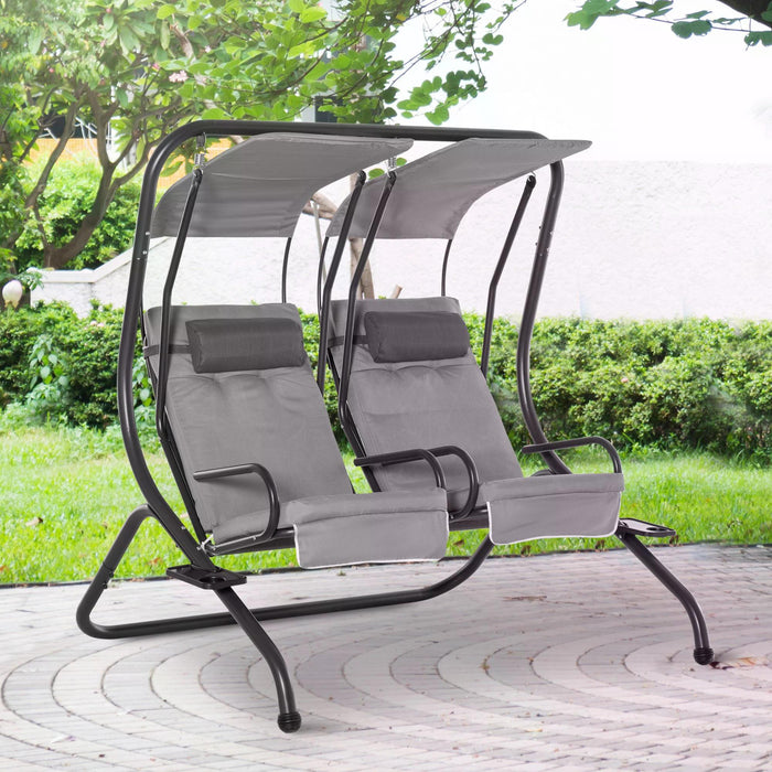 Double Seat Swing Chair - Contemporary 2-Person Garden Swing with Handrails, Headrests & Detachable Canopy in Grey - Outdoor Leisure & Comfort for Couples or Friends