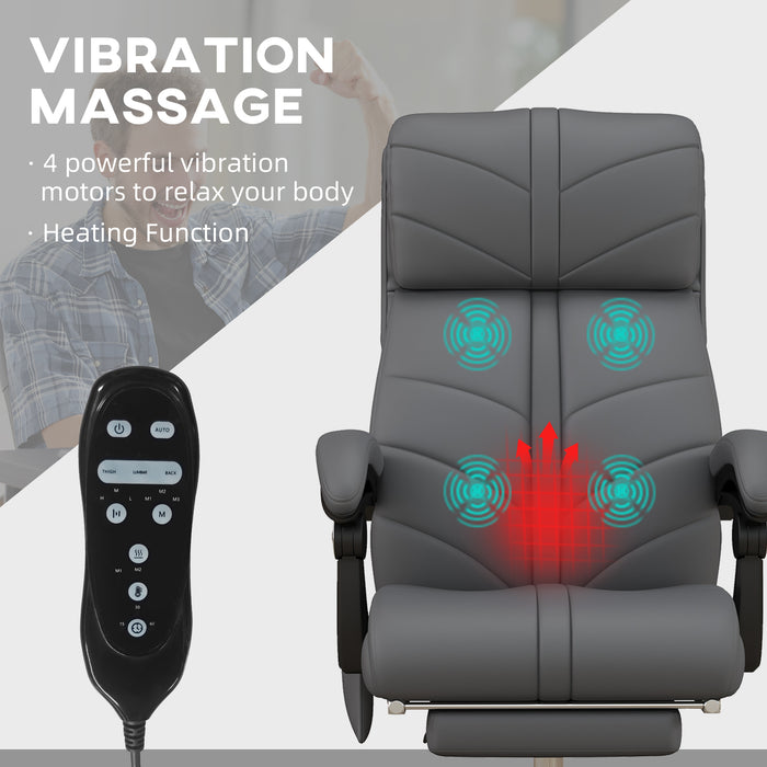 Ergonomic Vibrating Heated Massager Desk Chair - PU Leather Recliner with Extendable Footrest and Adjustable Armrests in Grey - For Stress Relief and Work Comfort