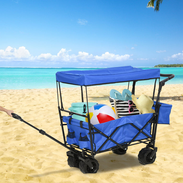 Outdoor Adventure Utility Cart - Foldable Trolley with 4-Wheel Stability, Overhead Canopy & Pull Handle - Ideal for Beach Trips, Shopping, and Gardening in Blue