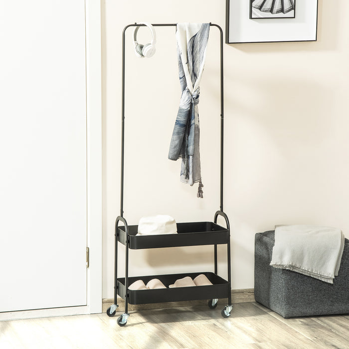 Freestanding Metal Garment Rack - Wheel-Mounted Coat Stand with Shoe Shelves and Clothing Rail - Space-Saving Hall Tree for Home Organization