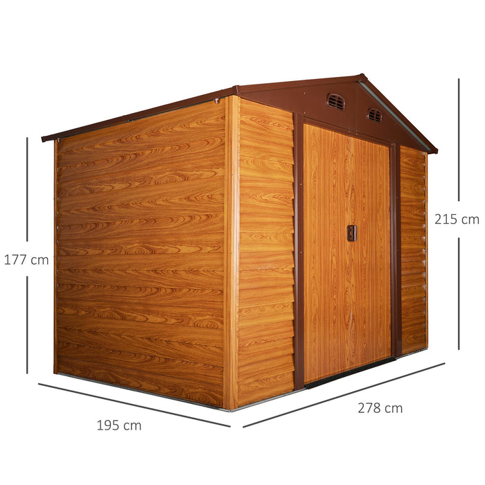 Metal Apex Garden Storage Shed - 9x6.5 ft, Brown Wood Grain, Foundation & Ventilation Included - Outdoor Tool and Equipment Organizer