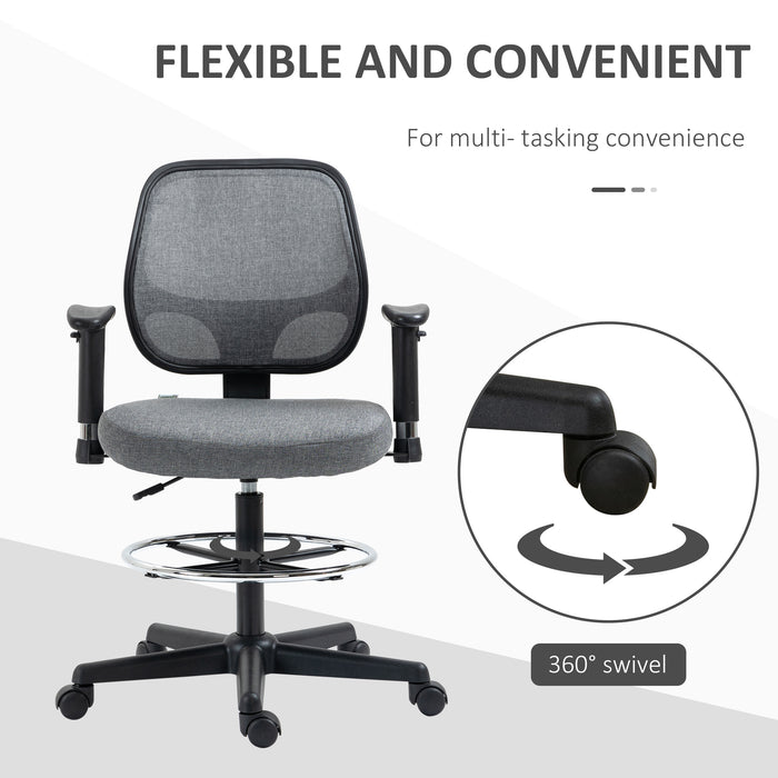 Adjustable Tall Drafting Chair with Footrest Ring - Ergonomic Fabric Chair for Standing Desks with Swivel Wheels, Armrests, Grey - Ideal for Designers and Architects