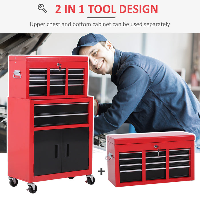 Metal Tool Chest on Wheels with 6 Drawers and Pegboard - Top Chest and Roller Cabinet Combination, 61.6 x 33 x 108cm in Red - Ideal for Workshops and DIY Enthusiasts