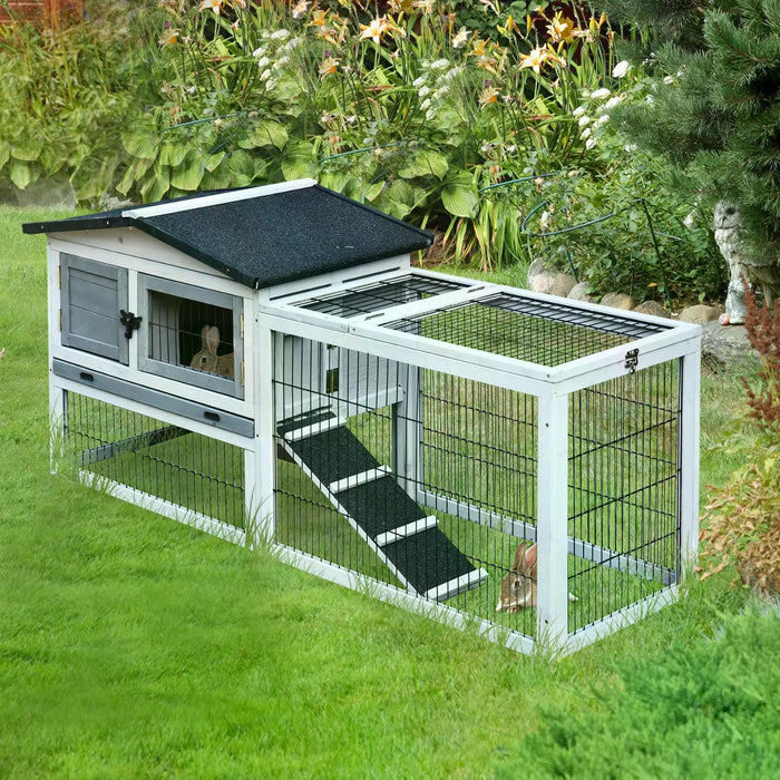 Two-Level Fir Wood Small Animal Hutch with Ramp - Burnt Grey Finish and Dual-Layer Living Space - Ideal for Rabbits and Guinea Pigs