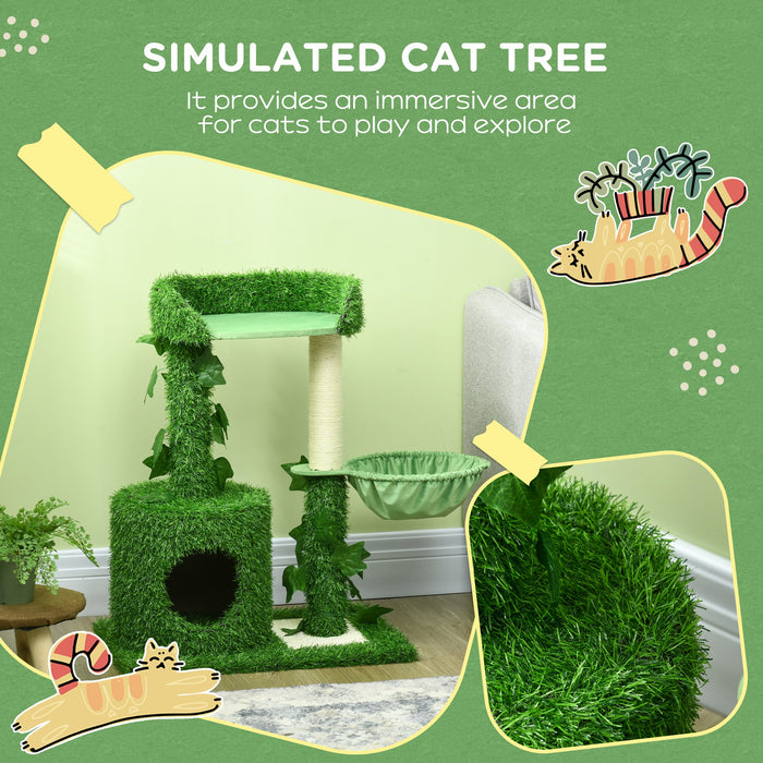 Multi-Tier Cat Climbing Tower with Lush Green Leaves - Indoor Cat Tree with Sisal Scratching Posts, Perch Hammock, and Cozy Condo - Ideal for Playful Cats and Kittens to Climb, Scratch & Relax