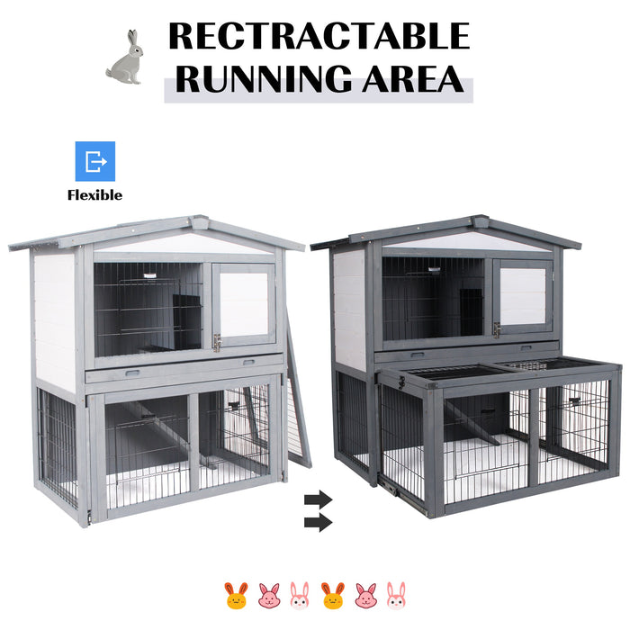 2-Tier Fur Wood Rabbit Hutch - Weatherproof Outdoor Pet Shelter in Grey - Ideal for Bunny Safety and Comfort