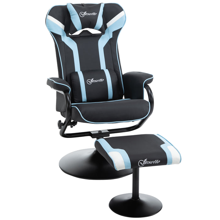 Gaming Recliner Chair with Matching Footrest - Ergonomic Racing Style, Adjustable Headrest & Lumbar Support, Pedestal Base - Ideal for Home Office Comfort in Lake Blue