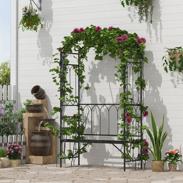 Garden Metal Arch Bench with Rose Trellis - 2-Seater Outdoor Patio Arbour Pergola for Climbing Plants, Vintage Classic Design in Black - Ideal for Romantic Seating & Garden Beautification