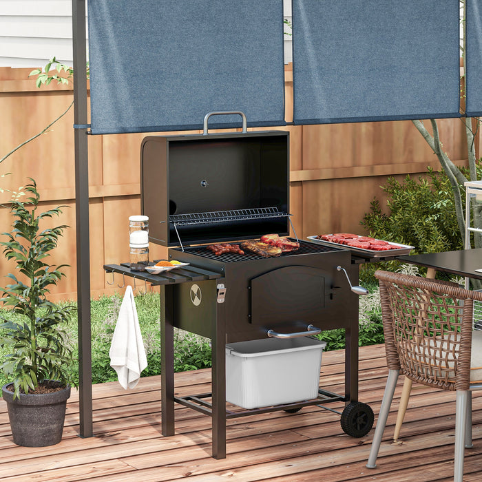 Garden Smoker Charcoal Barbecue Grill Trolley - Adjustable Height, Built-in Thermometer, Handy Shelves, and Opener - Perfect for Outdoor Cooking and Entertaining