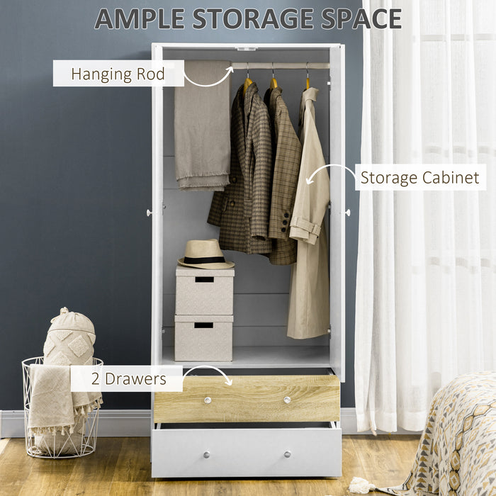 Spacious 2-Door White Wardrobe - Integrated Drawers & Hanging Rod for Clothing - Ideal Bedroom Storage Solution for Clothes Organization