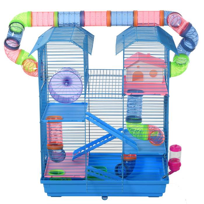 5-Tier Hamster Cage with Accessories - Exercise Wheels, Tunnel Tube, Water Bottle, Feeding Dishes, and Ladder Habitat - Perfect for Dwarf Mice and Small Rodents, Blue