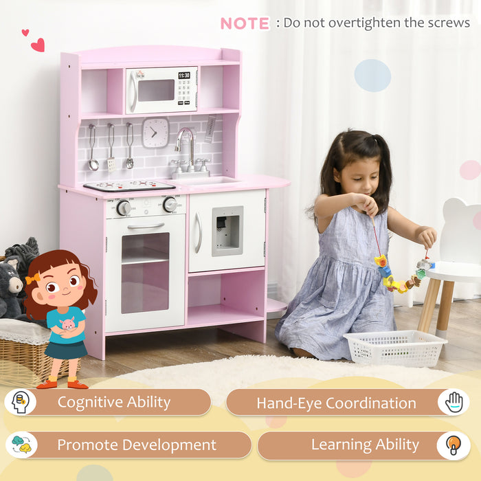 Interactive Wooden Play Kitchen Set - Featuring Lights, Sounds, Water Dispenser, Microwave & Sink - Ideal Gift for Toddlers Aged 3-6, in Playful Pink