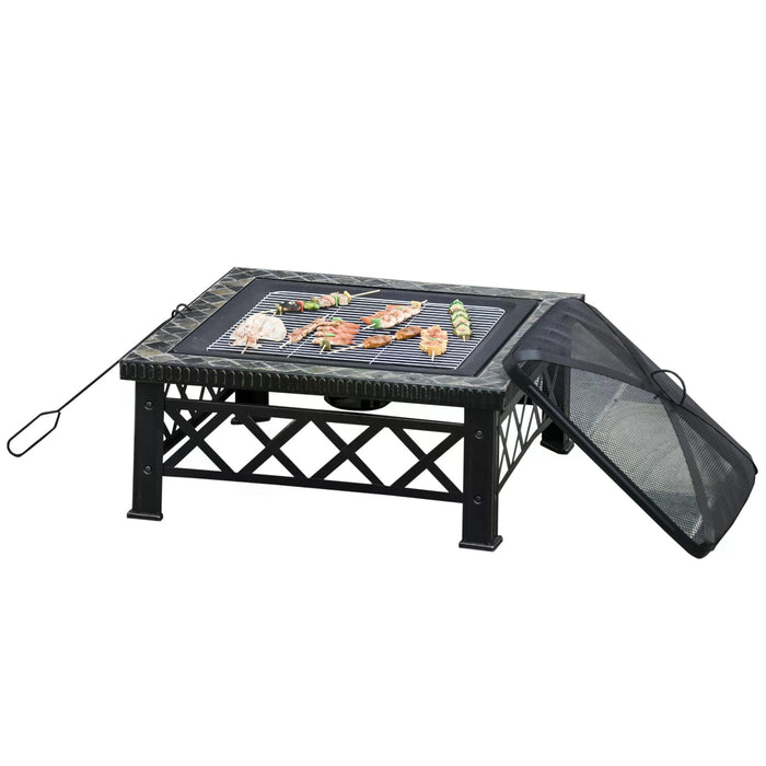 3-in-1 Square Fire Pit with BBQ Grill - Durable Metal Brazier for Garden & Patio, Includes Spark Screen, Grate & Poker - Ideal for Outdoor Heating and Cooking, 76cm x 76cm x 47cm