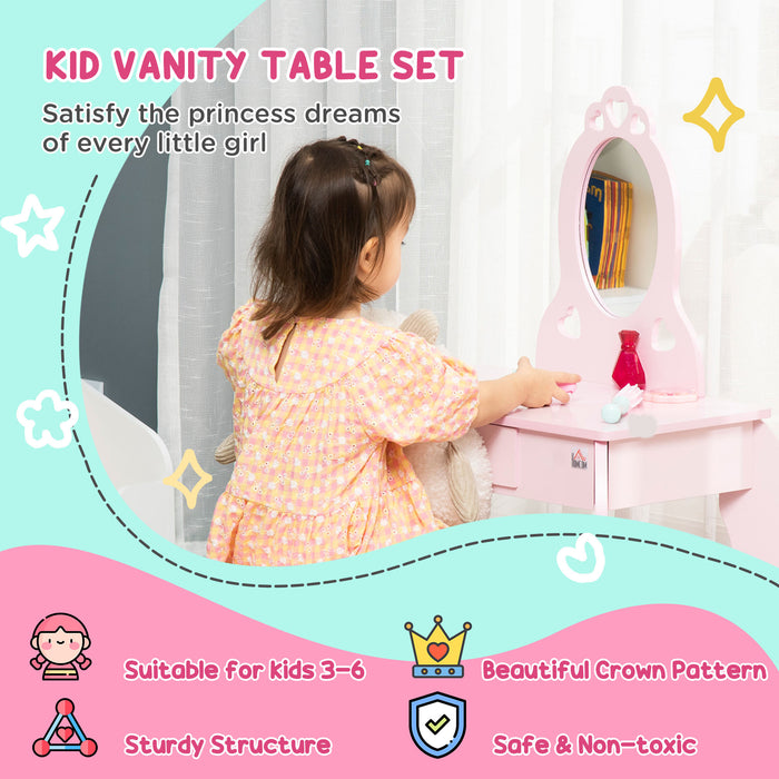 Kids Vanity Set with Stool - Girls Pink Dressing Table, Makeup Desk with Chair and Mirror - Play Dresser for Children's Imaginative Play