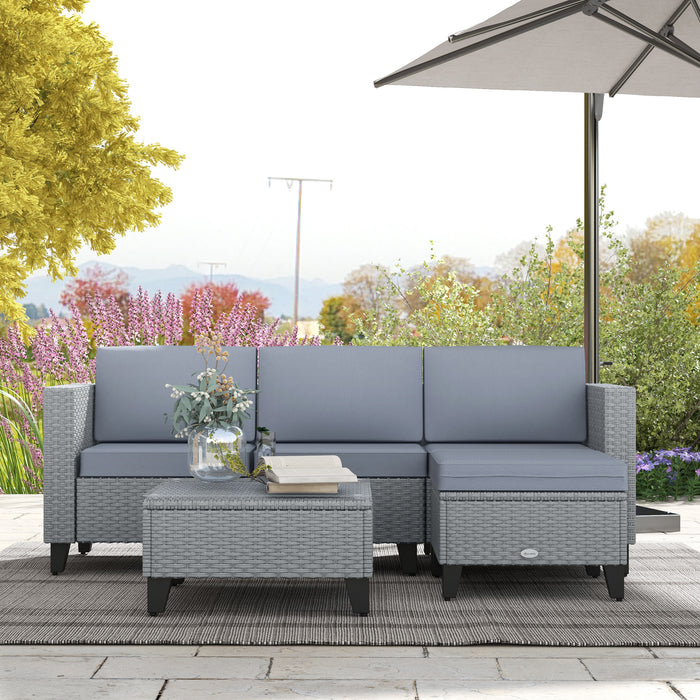 5-Piece Rattan Patio Furniture Set - Corner Sofa, Footstools & Coffee Table in Grey - Ideal for Poolside Lounging and Entertainment