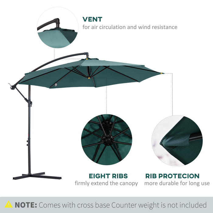 Banana Parasol Hanging Cantilever Umbrella - 3m with Crank Handle, 8 Ribs, Cross Base, Sun Shade in Dark Green - Ideal for Outdoor Relaxation and UV Protection