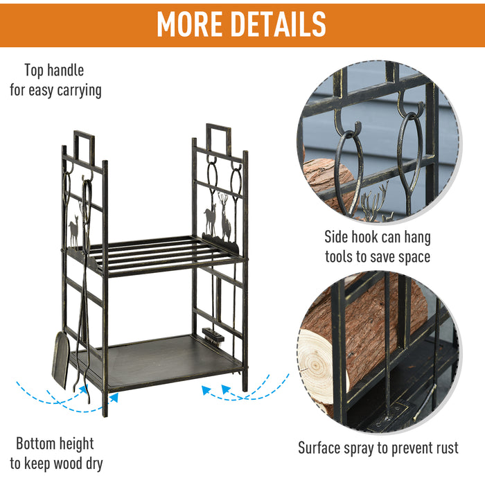 Heavy Duty 2-Layer Firewood Rack with Log Stacker - Includes 4 Fireplace Tools in Gold Finish - Storage Solution for Wood Burning Enthusiasts