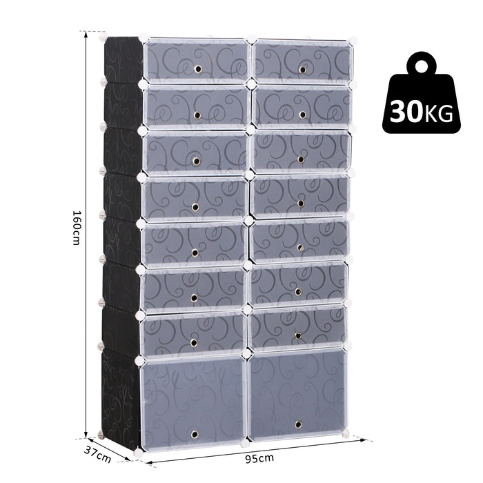 16-Cube DIY Shoe Rack - Portable Interlocking Plastic Cabinet, 8-Tier Footwear Organizer for Bedroom - Stores up to 32 Pairs of Shoes