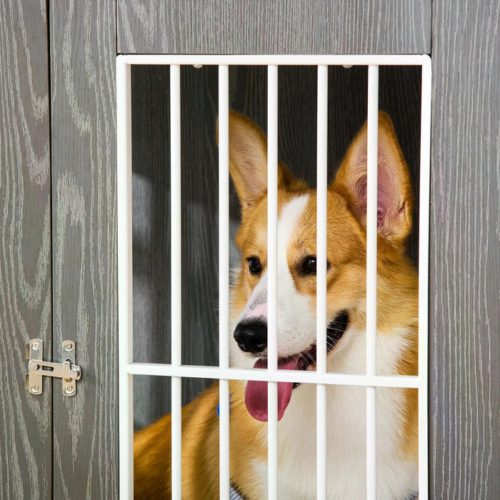 Elegant Wooden Dog Crate Kennel - Lockable Door, Adjustable Foot Pads, Modern Grey & White Design - Stylish Pet Enclosure for Home Safety and Comfort