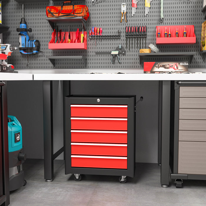 Heavy-Duty 5-Drawer Tool Chest on Casters - Steel Lockable Tool Storage Cabinet with Pull Handle - Secure Organization for Garage and Workshop Enthusiasts