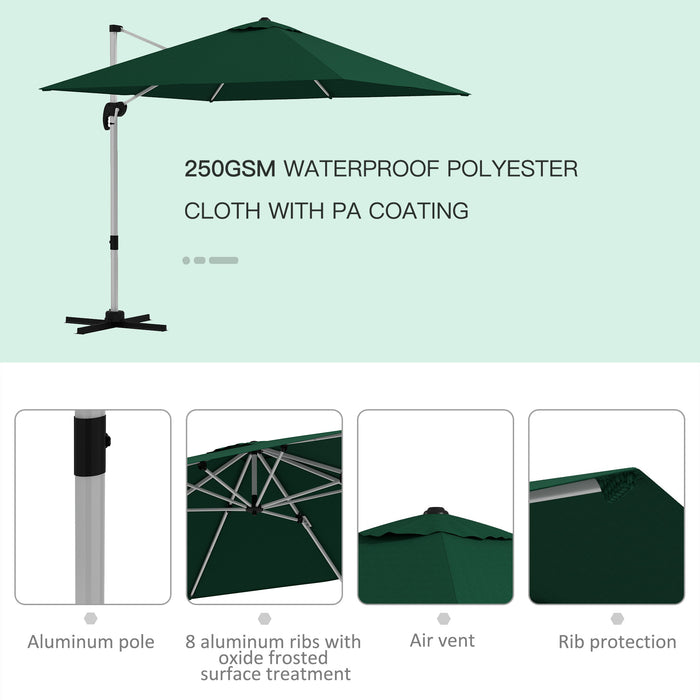 Cantilever Parasol 3x3m with Cross Base - Green Square Umbrella with Crank Handle, Tilt, and 360° Rotation - Durable Aluminium Frame for Outdoor Shade and Comfort