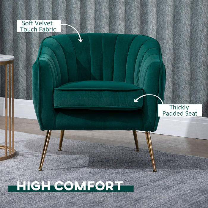 Velvet-Feel Lounge Chair - Plush Green Tub Armchair with Elegant Gold Tone Legs - Stylish Comfort for Living Room and Office