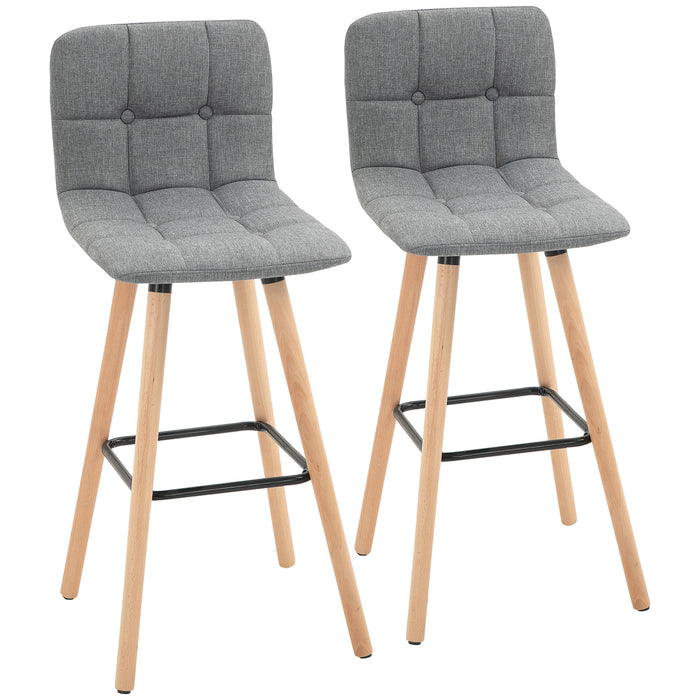 Button-Tufted Armless Bar Stools, Set of 2 - Counter Height Chairs with Wood Legs & Footrest in Grey - Comfort Seating for Kitchen Island or Home Bar