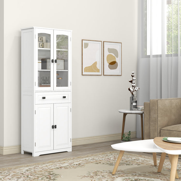 Freestanding Kitchen Storage Cabinet - 2 Adjustable Shelves, Drawer, Glass Door, 160cm in White - Ideal for Dining and Living Room Organization