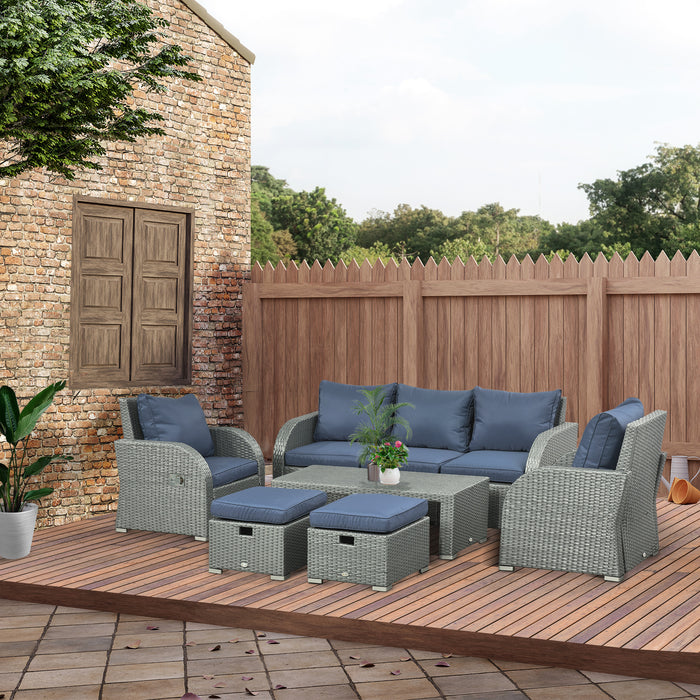 6pc Rattan Wicker Patio Ensemble - 3-Seat Sofa, Single Chairs, Ottomans & Coffee Table - Ideal for Garden and Outdoor Entertaining