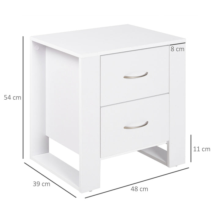 Modern White Bedside Table Set with 2 Drawers - Sleek Nightstand with Handles and Raised Base for Home - Ideal Storage Solution for Bedroom & Living Room, Set of 2