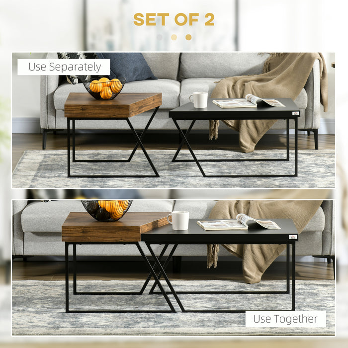 Industrial Nesting Coffee Table Duo - Geometric Design with Steel Frame and Thick Tabletop - Ample Leg Space for Living Room Comfort