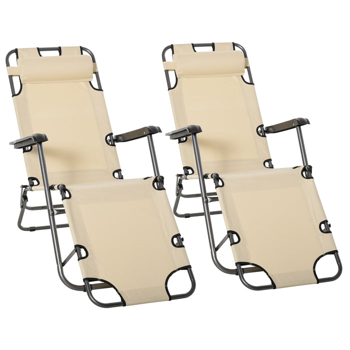 Foldable Sun Loungers Set of 2 - Adjustable Back, Pillow, Armrests, Outdoor Garden Reclining Chairs, Beige - Perfect for Patio Relaxation and Comfort