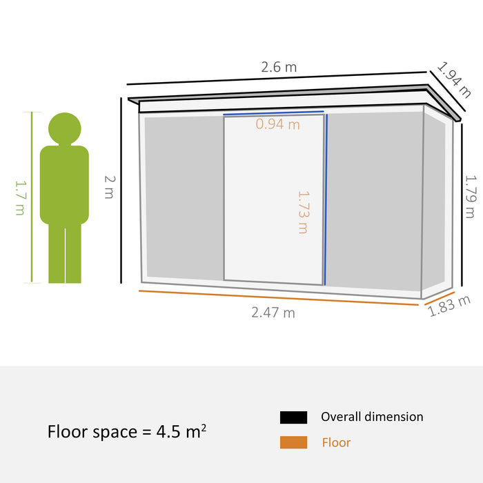 Pent Roofed Metal Shed - Garden Tool Storage Hut with Ventilation, 260 x 194 x 200 cm - Ideal for Organizing Gardening Equipment