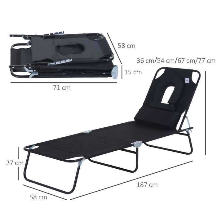 Foldable Sun Lounger with Pillow - Reclining Chair with Reading Hole for Beach and Garden - Adjustable Outdoor Recliner in Black for Relaxation and Sunbathing