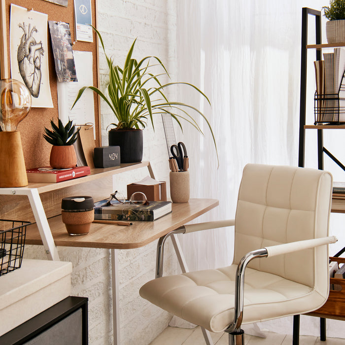 Elegant White Home Office Suite - Swivel Wheeled Faux Leather Chair & Storage Shelf Study Desk - Ideal for Remote Working and Comfortable Studying