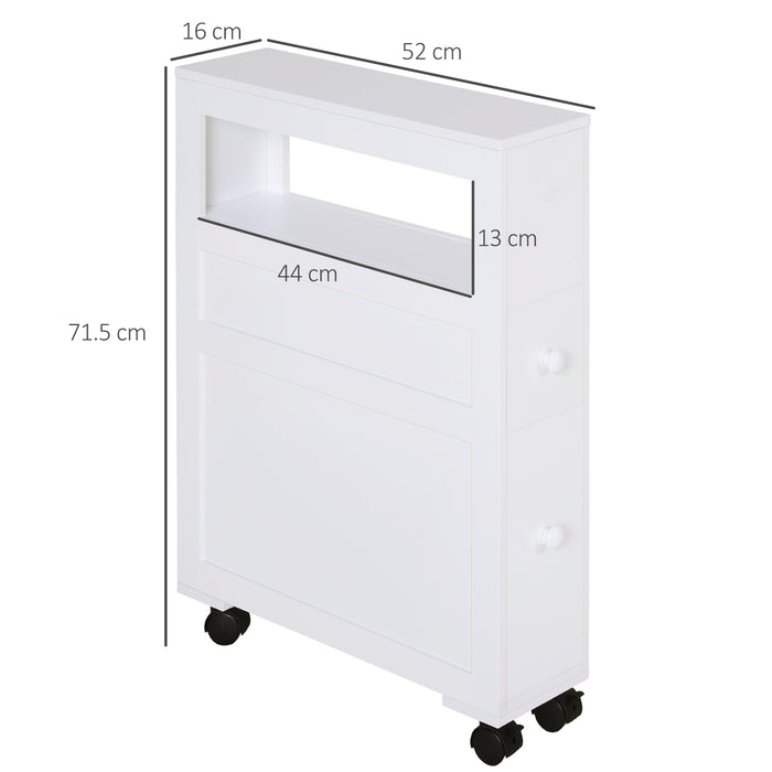 Slim Bathroom Storage Organizer - MDF Rolling Side Cabinet in White - Space-Saving Solution for Tight Spaces