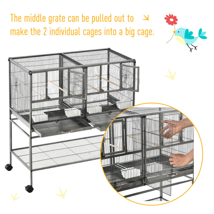 Deluxe Double Rolling Metal Parrot Cage - Includes Removable Tray, Storage, Wooden Perch & Food Holder - Ideal for Avian Pets & Bird Care Enthusiasts