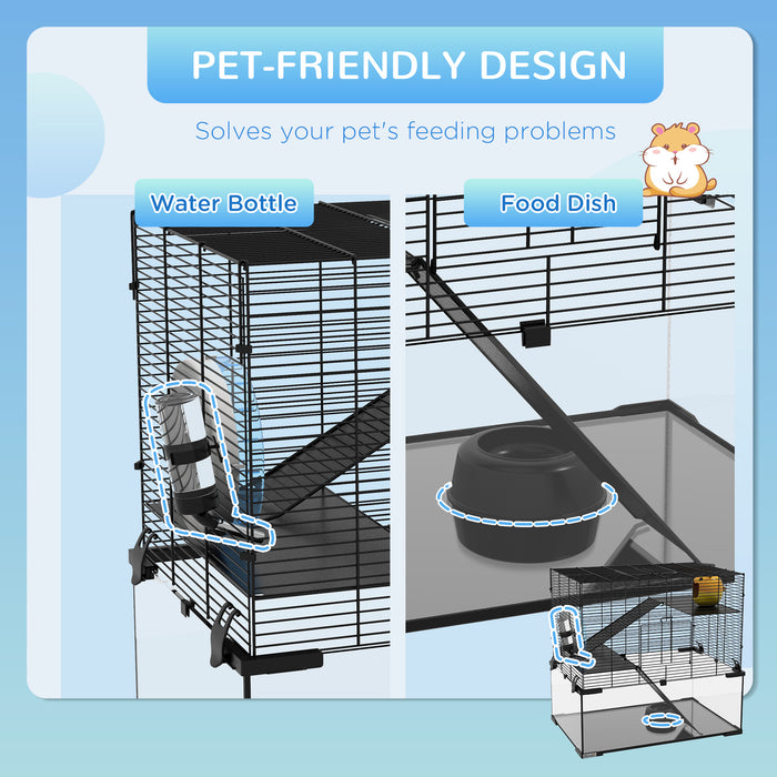 3-Tier Glass Bottom Hamster Habitat - Sturdy Cage with Non-Slip Ramps, Platforms, Hut, Exercise Wheel & Water Bottle - Ideal for Syrian & Dwarf Hamsters