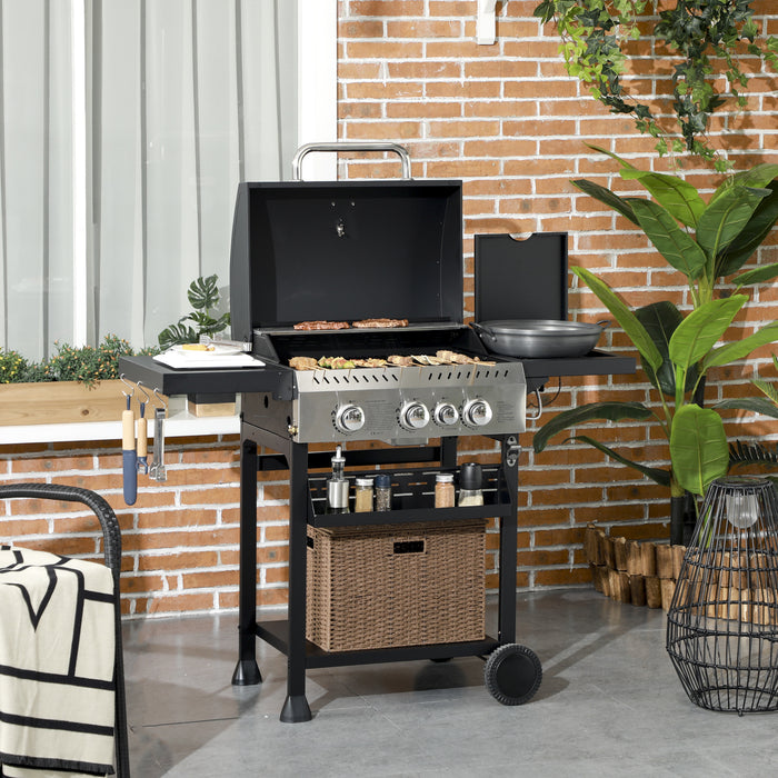 Galvanised Steel BBQ Grill Trolley with 3+1 Gas Burners - Durable Outdoor Cooking Station, Black Finish - Perfect for Backyard Barbecue Enthusiasts